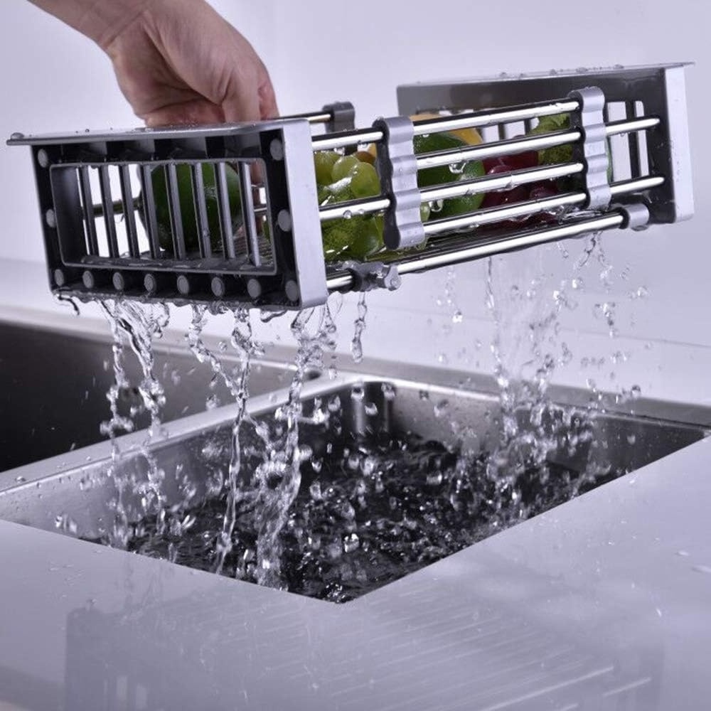 Kitchen Stainless Steel Fruit And Vegetable Drain Basket Expandable Over Sink Dish Drying Rack  Kitchen Rack Drain Basket