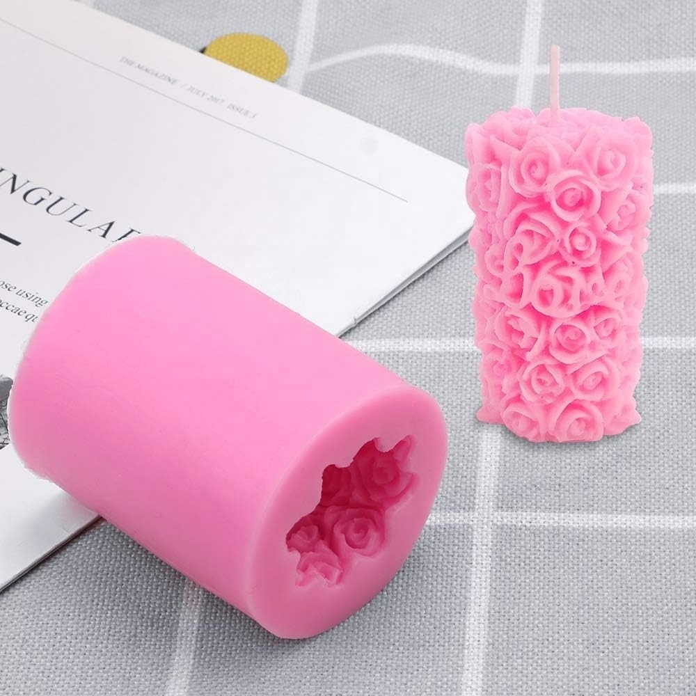 Custom  Christmas New 3D DIY Silicone Big Cylinder Rose Flower Candle Mold for Handmade Soap Wax Candle Mold for Making Candles