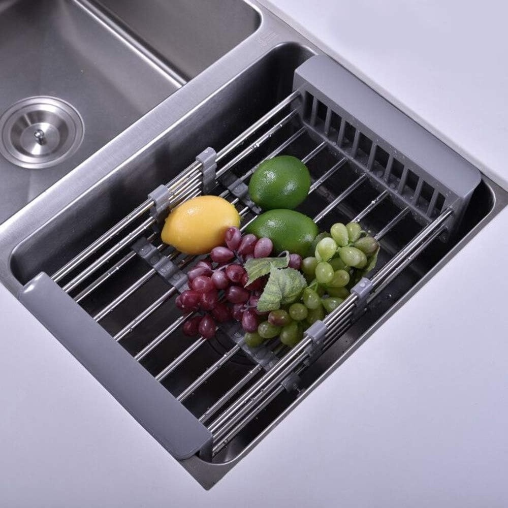 Kitchen Stainless Steel Fruit And Vegetable Drain Basket Expandable Over Sink Dish Drying Rack  Kitchen Rack Drain Basket