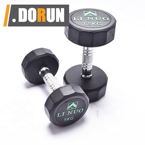 Rubber Coated Cardio Dumbbell with Color Coded Ends - No Roll Edges - Knurled Handles - Sold Individually