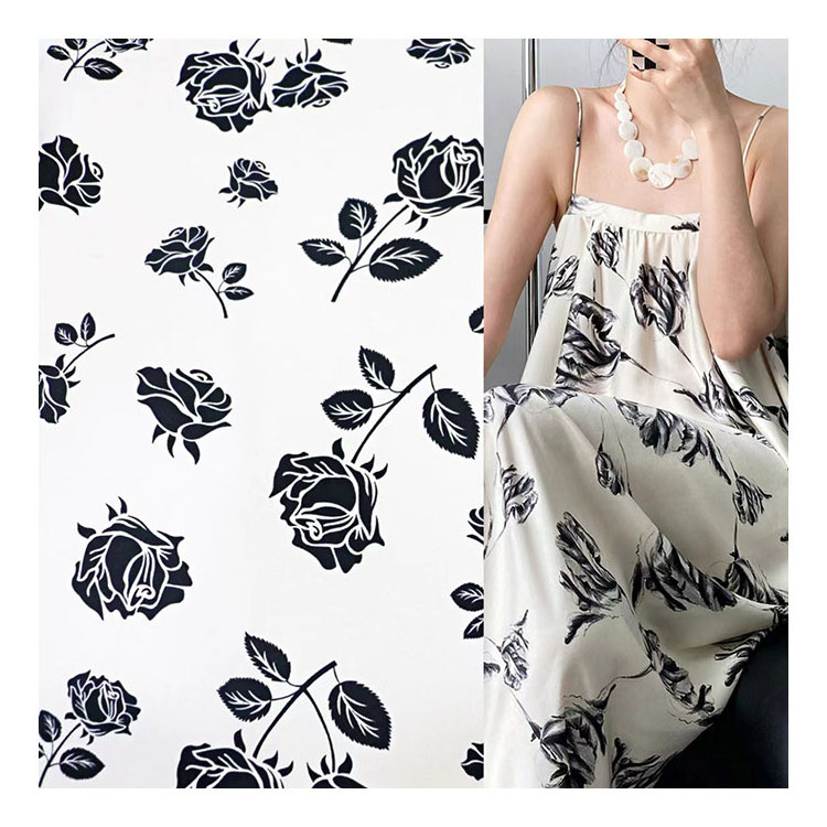 Clothing Dress Sub Fabric Rose Line Drawing Imitation Silk Stretch Satin Fabric Printed Chiffon Black and White Printed Crepe