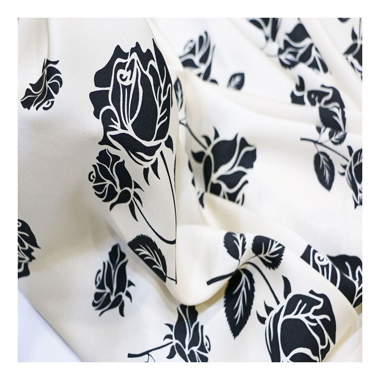 Clothing Dress Sub Fabric Rose Line Drawing Imitation Silk Stretch Satin Fabric Printed Chiffon Black and White Printed Crepe