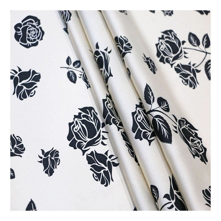 Clothing Dress Sub Fabric Rose Line Drawing Imitation Silk Stretch Satin Fabric Printed Chiffon Black and White Printed Crepe