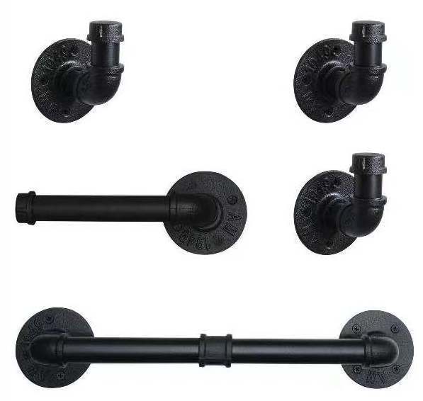 Bathroom black farmhouse rustic bath towel bars racks robe hooks wall mount toilet paper holder accessories industrial pipe