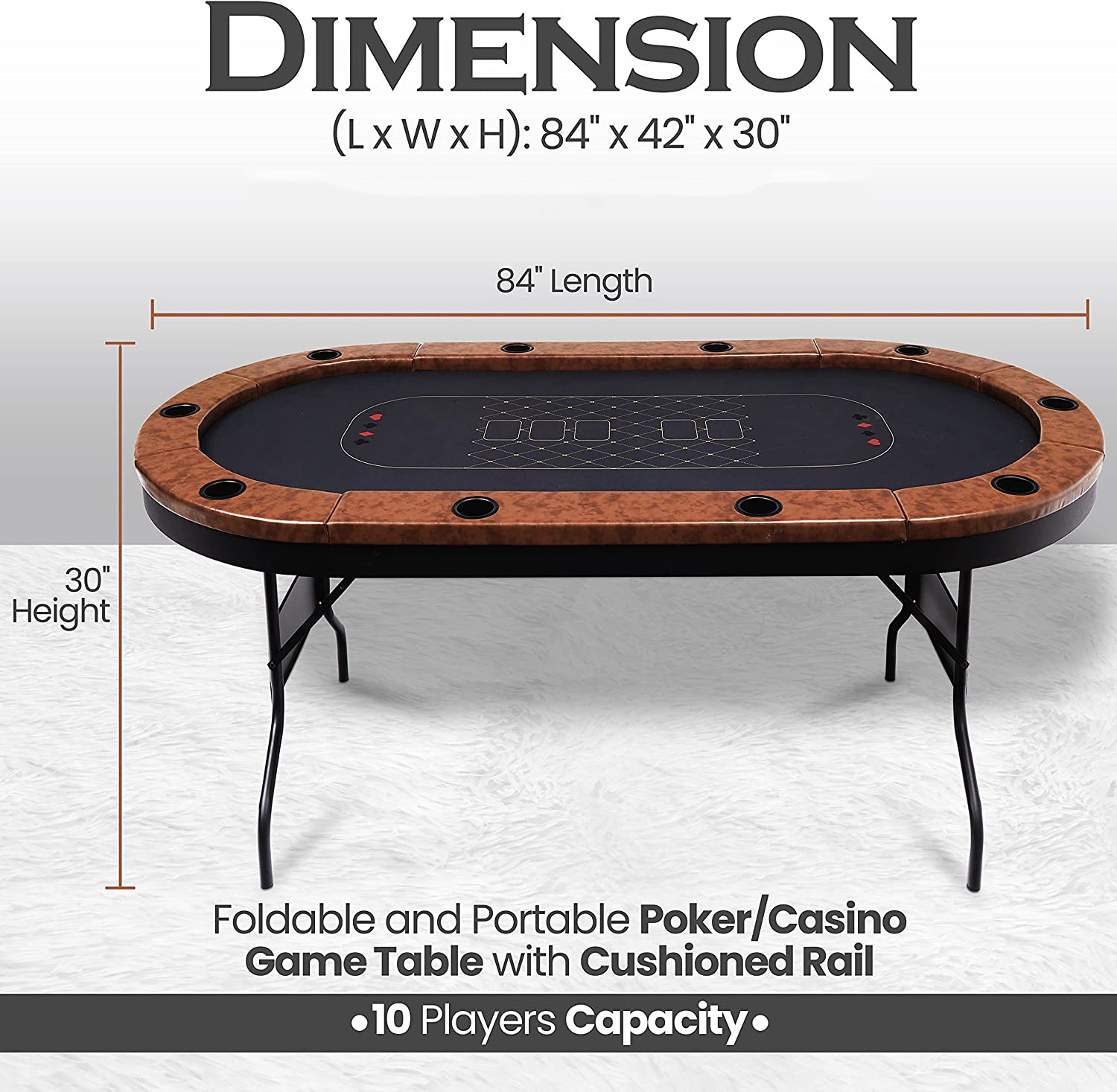 Folding black 10 player casino table and Portable Poker table with steel leg