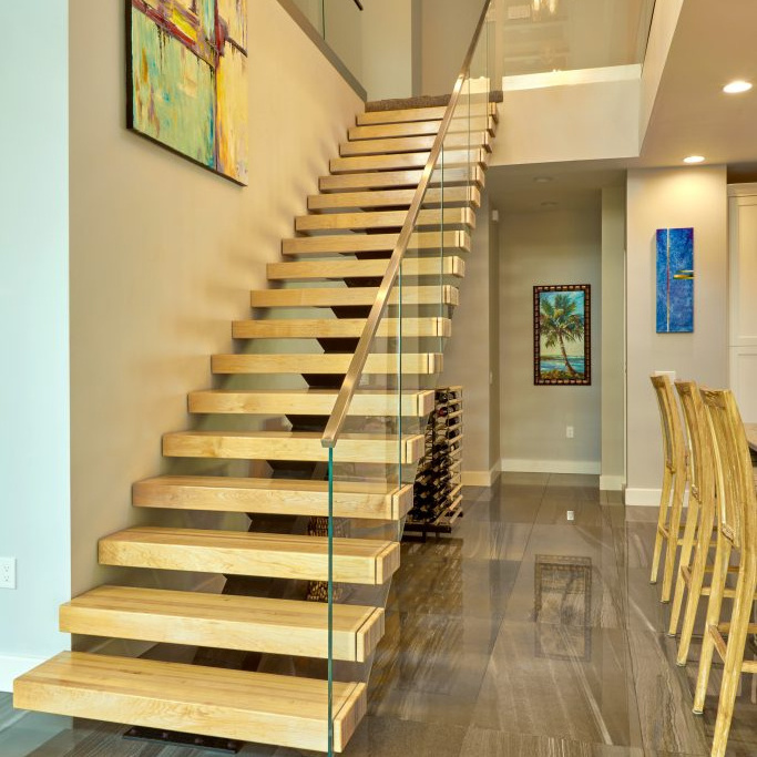 Stairs suppliers white oak wooden open tread with sensor lights carbon steel stringer U shape straight mono stairs with railing