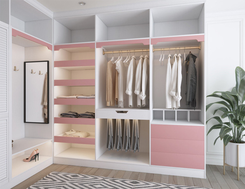 U shape modern pink girl's walk in closet design children bedroom furniture wardrobe organizer