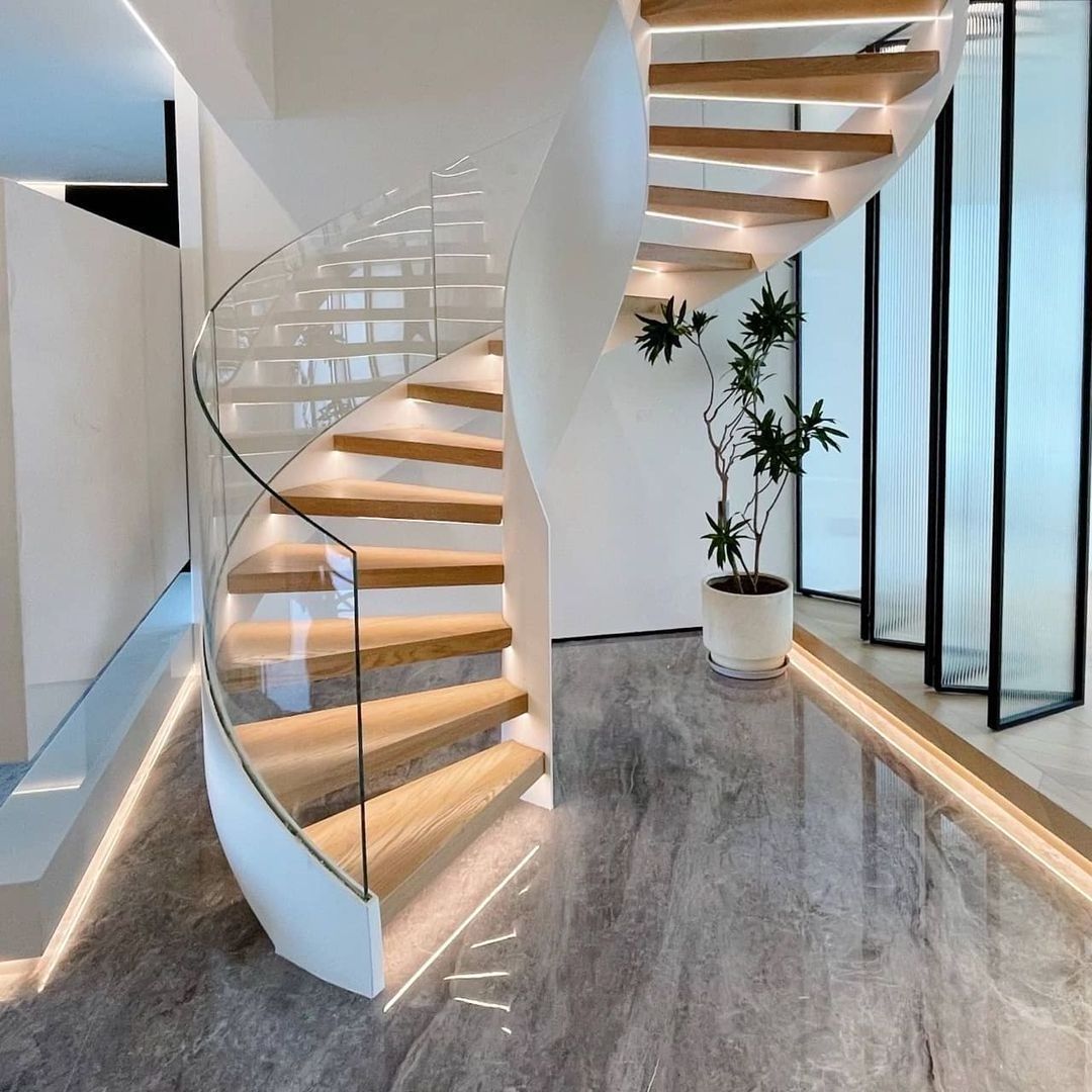 Curved/Arc spiral Staircase, Indoor staircase,Luxury Modern Home Decoration Glass stairs wooden Stairs Made in China-DBM