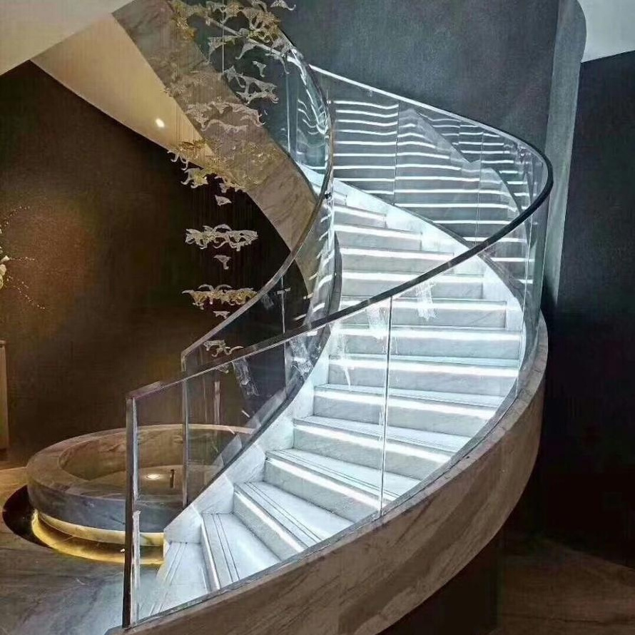 Modern economic indoor steel stairs curved staircase with glass railing