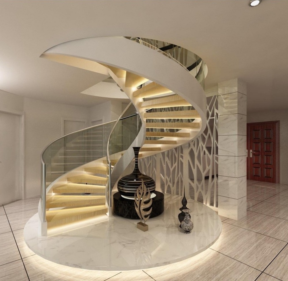 Villa modern indoor spiral staircase design with oak wooden step LED lights from Foshan stairs manufacturer