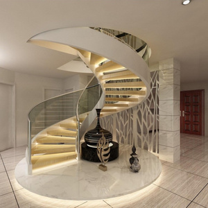 Villa modern indoor spiral staircase design with oak wooden step LED lights from Foshan stairs manufacturer