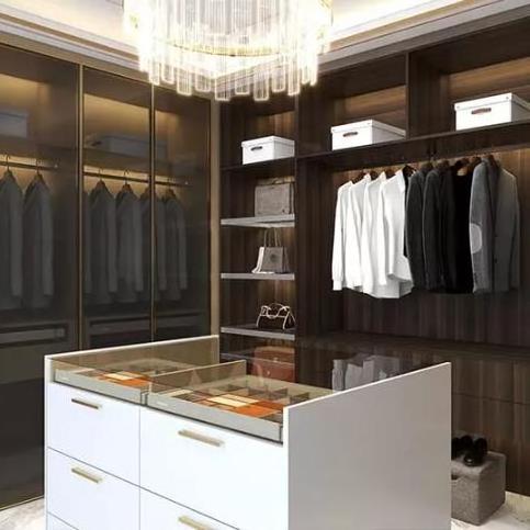 Luxury walk in closet customized wardrobe with island opening shelves with glass door and LED design discount price