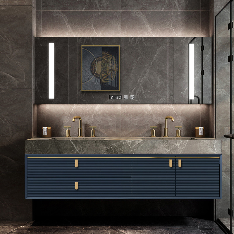 Modern design high end double sink luxury wall-mount grid board bathroom vanity with gold handles