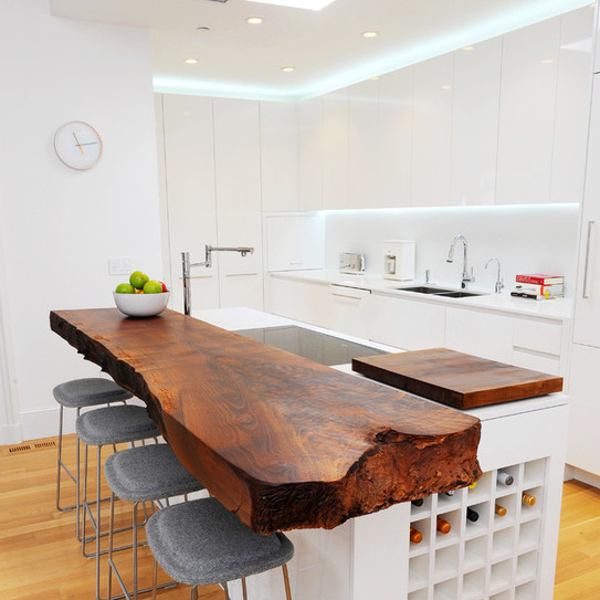 Ethiopian White Modern Led Light Pantry Kitchen Cabinets With Irregular Solid Wood Countertop Island