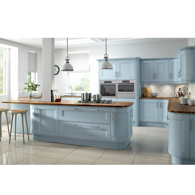 2022 New Design Blue Curved Doors Handles Modular Kitchen Cabinet With Laminate Countertop