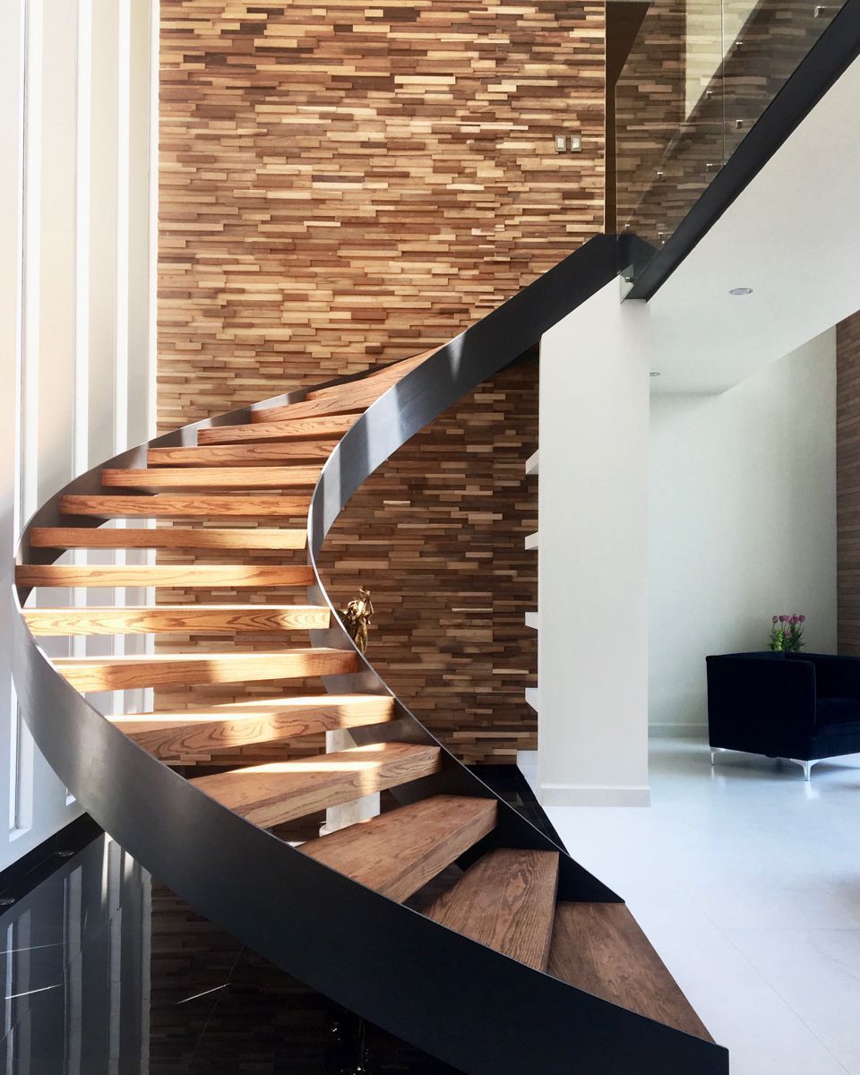 Modern Arc/curved staircase wooden tread powder coating plate beam curved/American style solid wood tread stairs