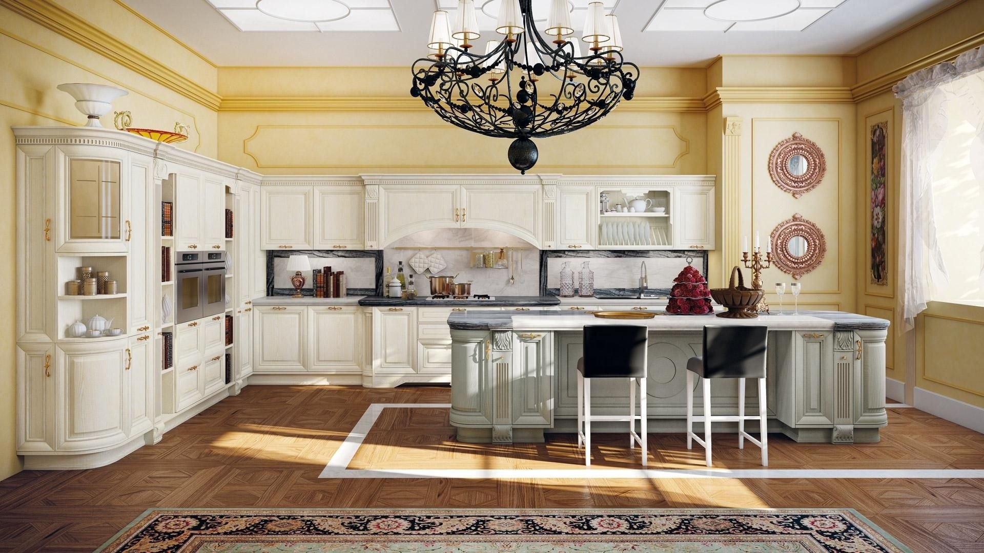 China made French style L-shaped gold line solid wood luxury kitchen with island design cabinet