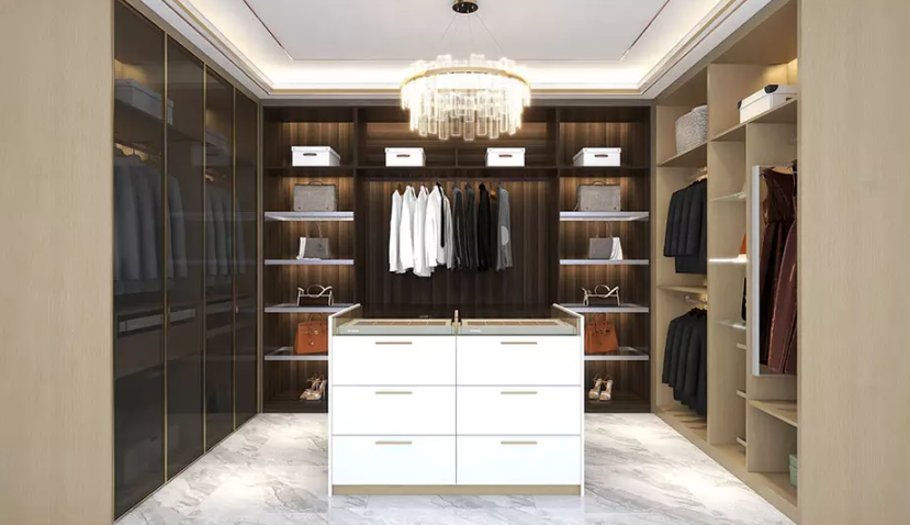 Luxury walk in closet customized wardrobe with island opening shelves with glass door and LED design discount price