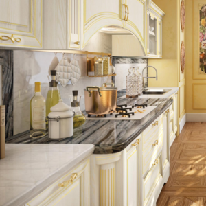 China made French style L-shaped gold line solid wood luxury kitchen with island design cabinet