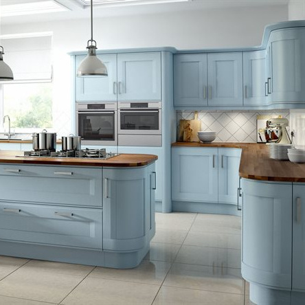 2022 New Design Blue Curved Doors Handles Modular Kitchen Cabinet With Laminate Countertop