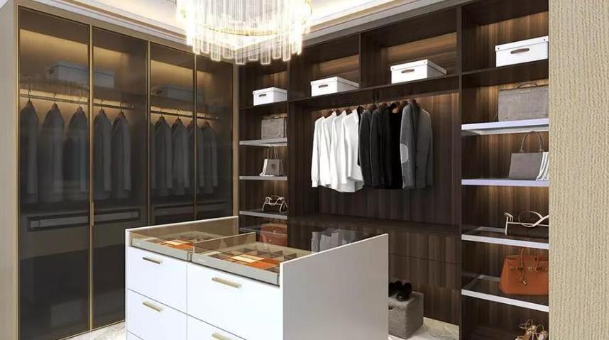 Luxury walk in closet customized wardrobe with island opening shelves with glass door and LED design discount price