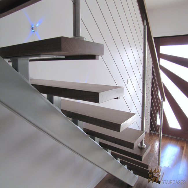 Low Price mono stringer wood staircase with modern iron railing on stairs step