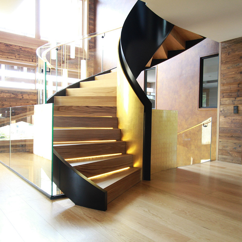 Villa modern indoor spiral staircase design with oak wooden step LED lights from Foshan stairs manufacturer