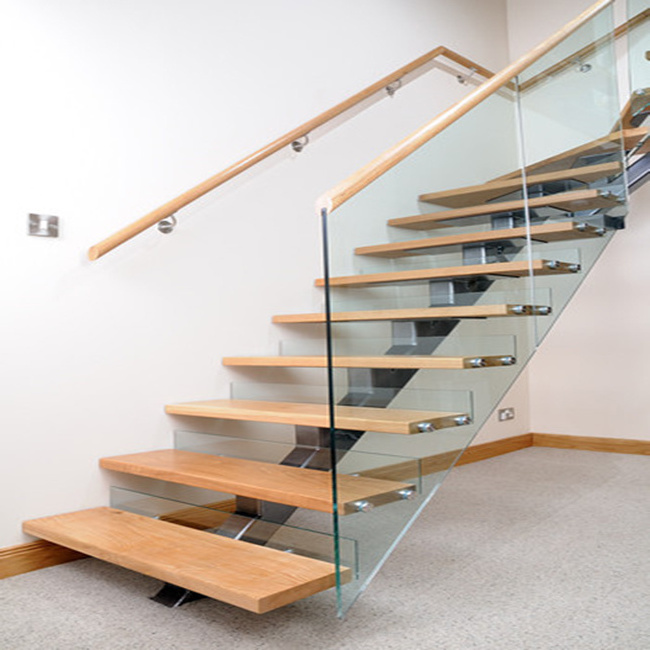 Low Price mono stringer wood staircase with modern iron railing on stairs step