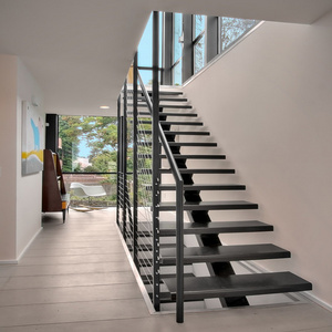 Low Price mono stringer wood staircase with modern iron railing on stairs step