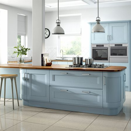 2022 New Design Blue Curved Doors Handles Modular Kitchen Cabinet With Laminate Countertop