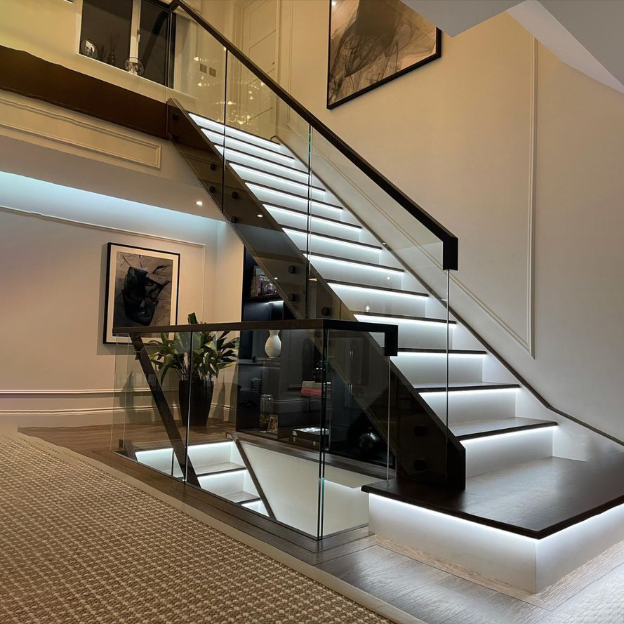 Modern design indoor Staircase glass railing LED staircase solid wood treads floating steel wood stairs