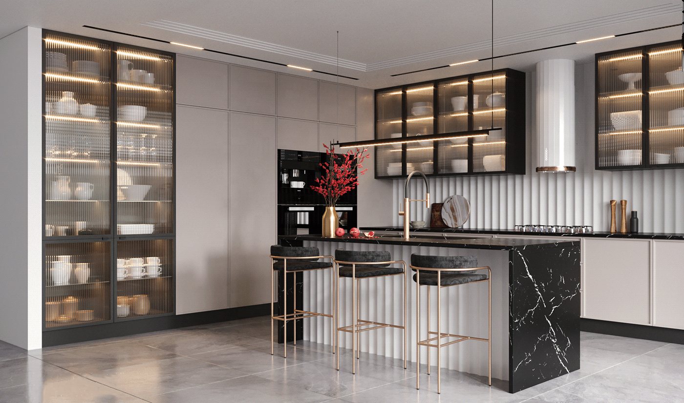 Modern design high end luxury modular kitchen cabinets with lighting and glass panels