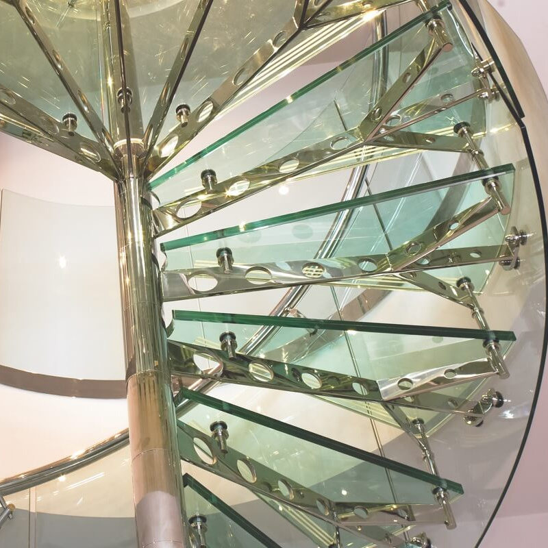 New stainless steel structure staircase design of modern glass spiral stairs for interior villa from Foshan factory