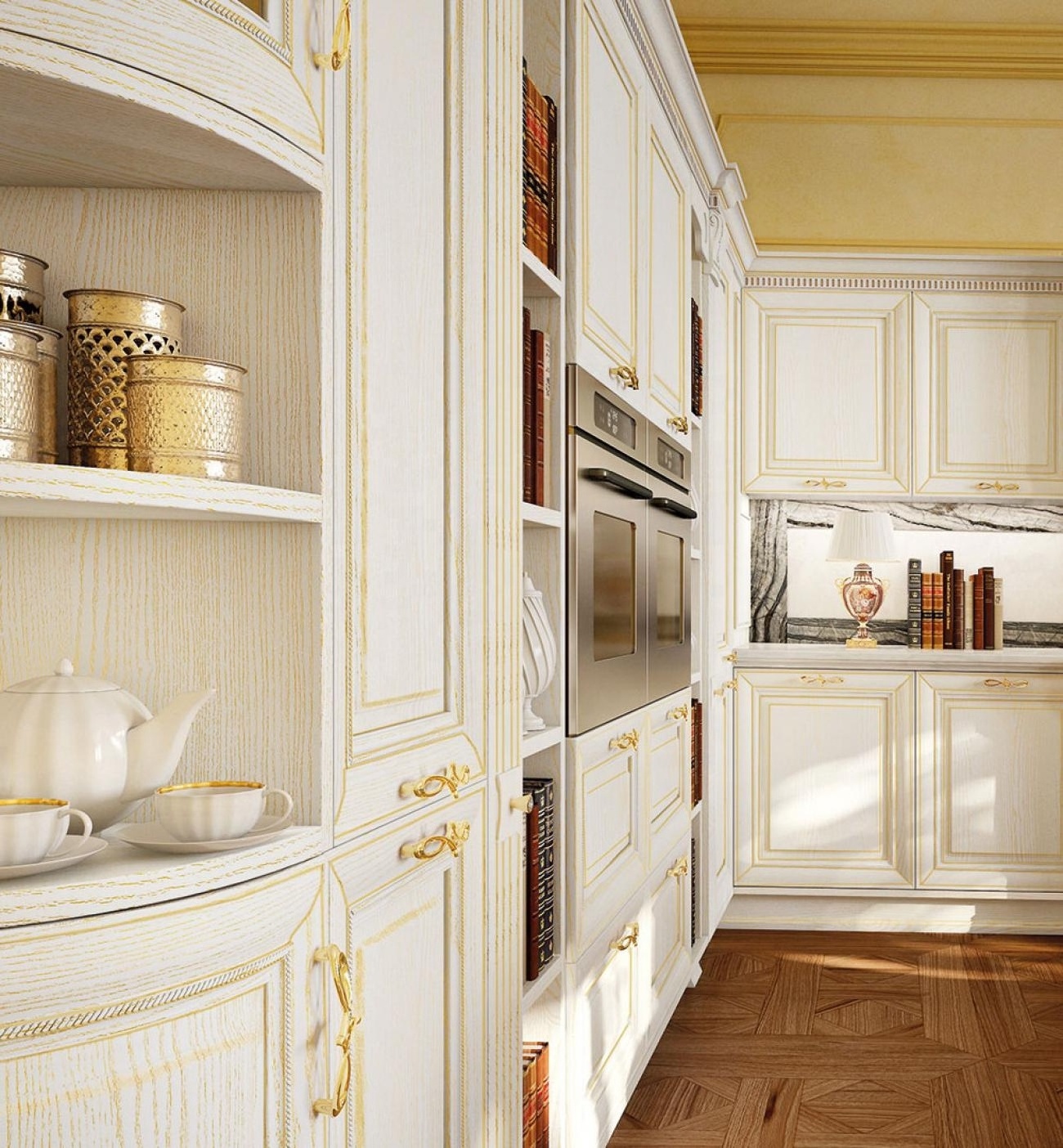 China made French style L-shaped gold line solid wood luxury kitchen with island design cabinet