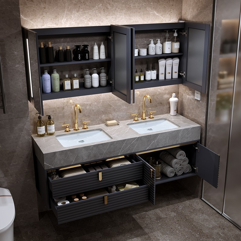 Modern design high end double sink luxury wall-mount grid board bathroom vanity with gold handles