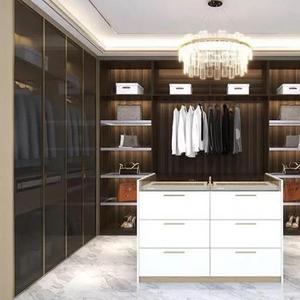 Luxury walk in closet customized wardrobe with island opening shelves with glass door and LED design discount price