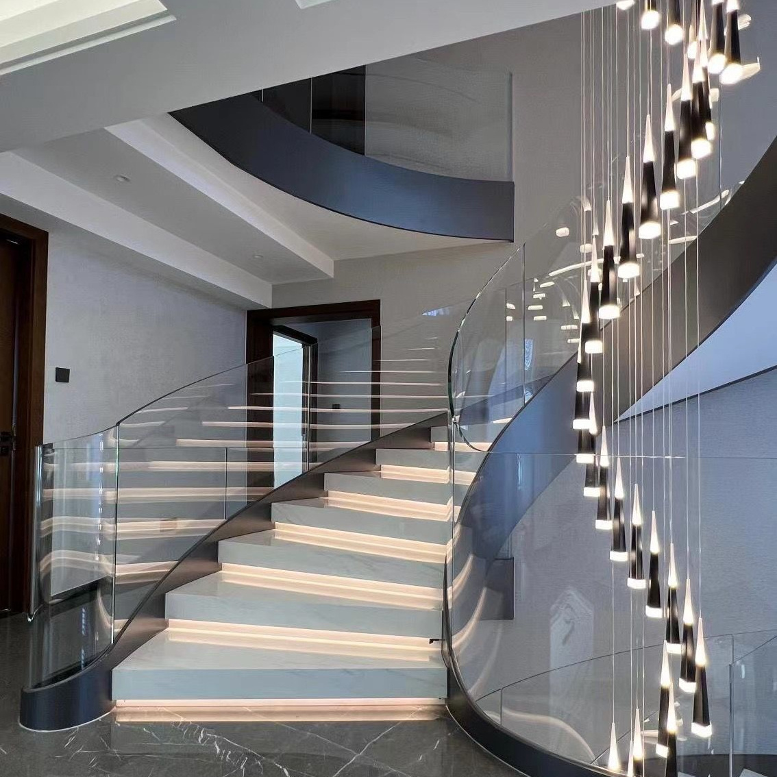 Modern economic indoor steel stairs curved staircase with glass railing