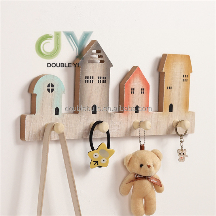 Wholesale Wooden House Wall Mounted Coat Hooks Wood Clothing Towel Hanging Doorback Storage Hooks