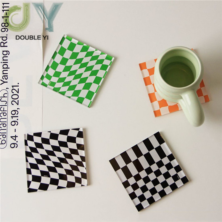 Acrylic Checkered Square Coaster Drink Mats Tabletop Heat Insulation Teacup Mat Square Mug Pad