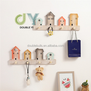 Wholesale Wooden House Wall Mounted Coat Hooks Wood Clothing Towel Hanging Doorback Storage Hooks