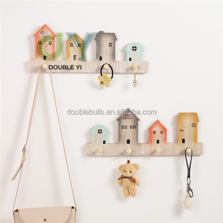 Wholesale Wooden House Wall Mounted Coat Hooks Wood Clothing Towel Hanging Doorback Storage Hooks