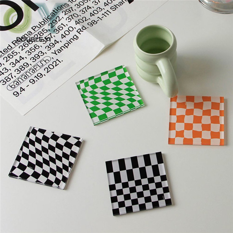 Acrylic Checkered Square Coaster Drink Mats Tabletop Heat Insulation Teacup Mat Square Mug Pad