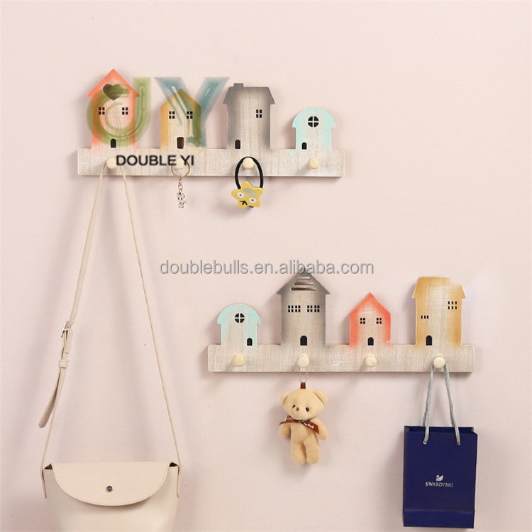 Wholesale Wooden House Wall Mounted Coat Hooks Wood Clothing Towel Hanging Doorback Storage Hooks