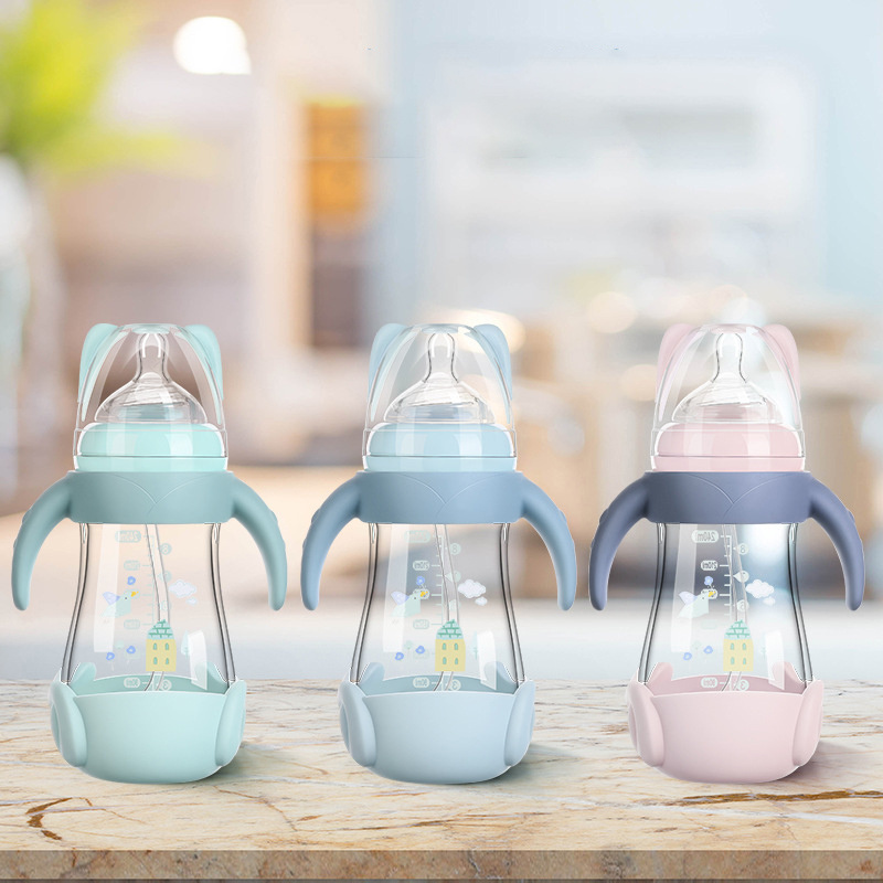 Portable Baby Feeding Product Hands Free Anti Colic Glass Baby Milk Feeding Drink Food Bottle With Cover