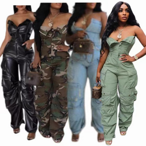 DG040103 Camouflage Ladies 2024 Plus Tube Jeans Elegant Multi Pocket Casual Denim One Piece Baggy Cargo Jumpsuit Women