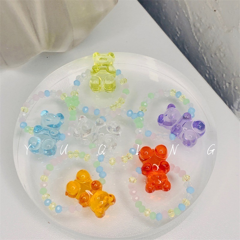 Korean New Trendy Colorful Crystal Beaded Adjustable Rings Cute Pastel Resin Gummy Bear Finger Rings Jewelry Women