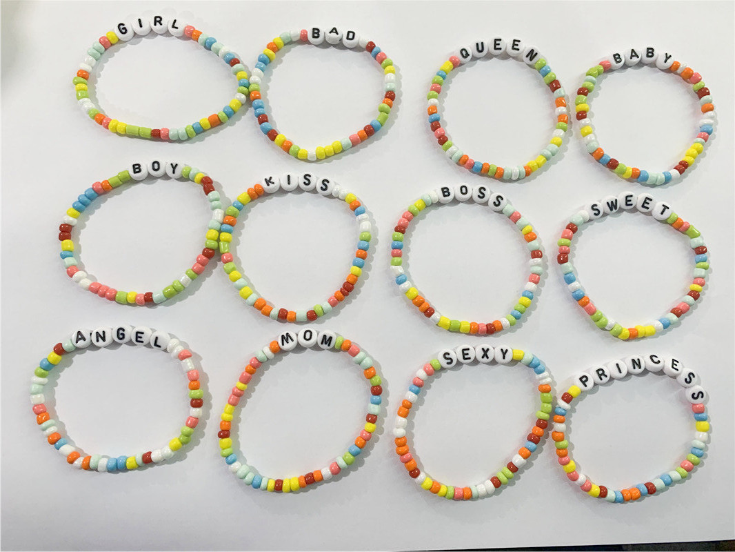 Fashion Sweet Girls Kids Rainbow Color Bracelet Gifts Handmade Cute Word Letter Elastic Friendship Bracelets