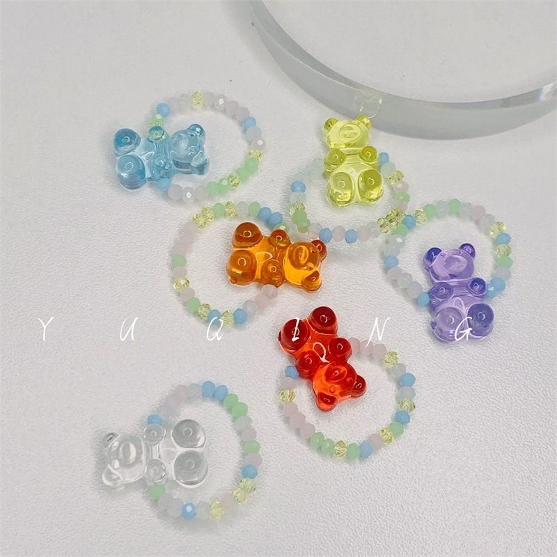 Korean New Trendy Colorful Crystal Beaded Adjustable Rings Cute Pastel Resin Gummy Bear Finger Rings Jewelry Women