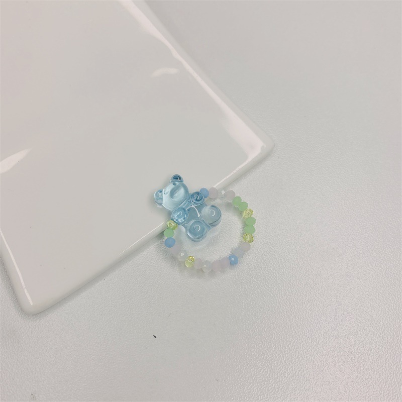 Korean New Trendy Colorful Crystal Beaded Adjustable Rings Cute Pastel Resin Gummy Bear Finger Rings Jewelry Women