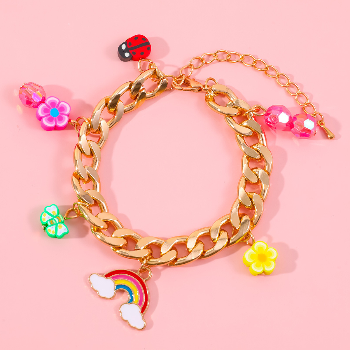 Custom Letter Gold Cuban Link Chain Bracelet With Enamel Rainbow Flower Polymer Clay Charm Cute Gummy Bear Pearl Beads Bracelet